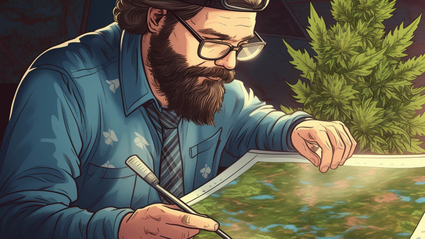 Indacloud. A Man Looking At A Cannabis Themed Map Comic Style 8A706E65 A471 4274 9F91 9712F8Ea73F6