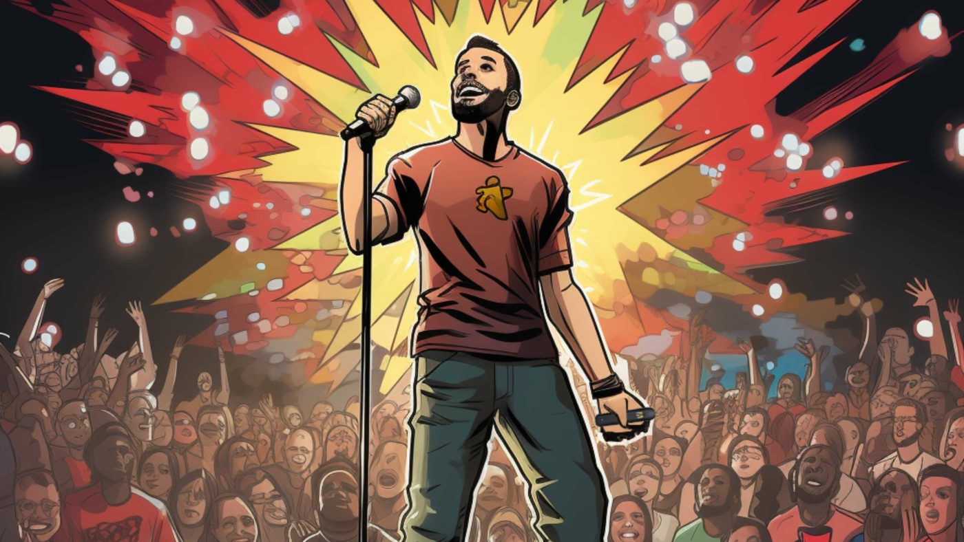 Indacloud. A Man On Stage Promoting Delta 8 Comic Style 51217A4B 79A6 41E8 95Ad Bccd1Edc4297