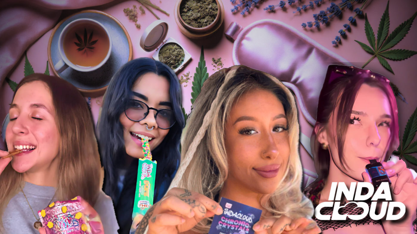 Four Women Enjoying Cannabis Products With Herbs And &Quot;Inda Cloud&Quot; Logo.